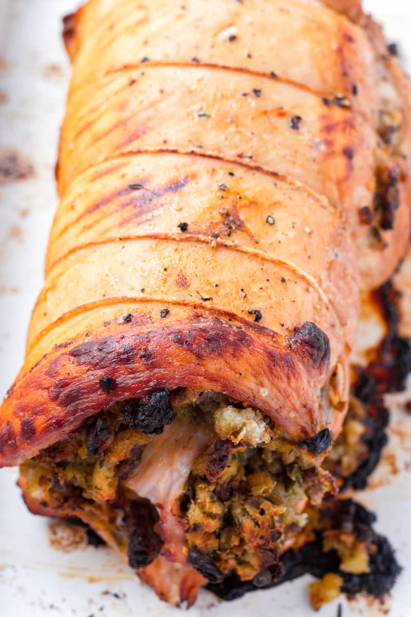 Entire non-sliced baked turkey roulade with kitchen twine