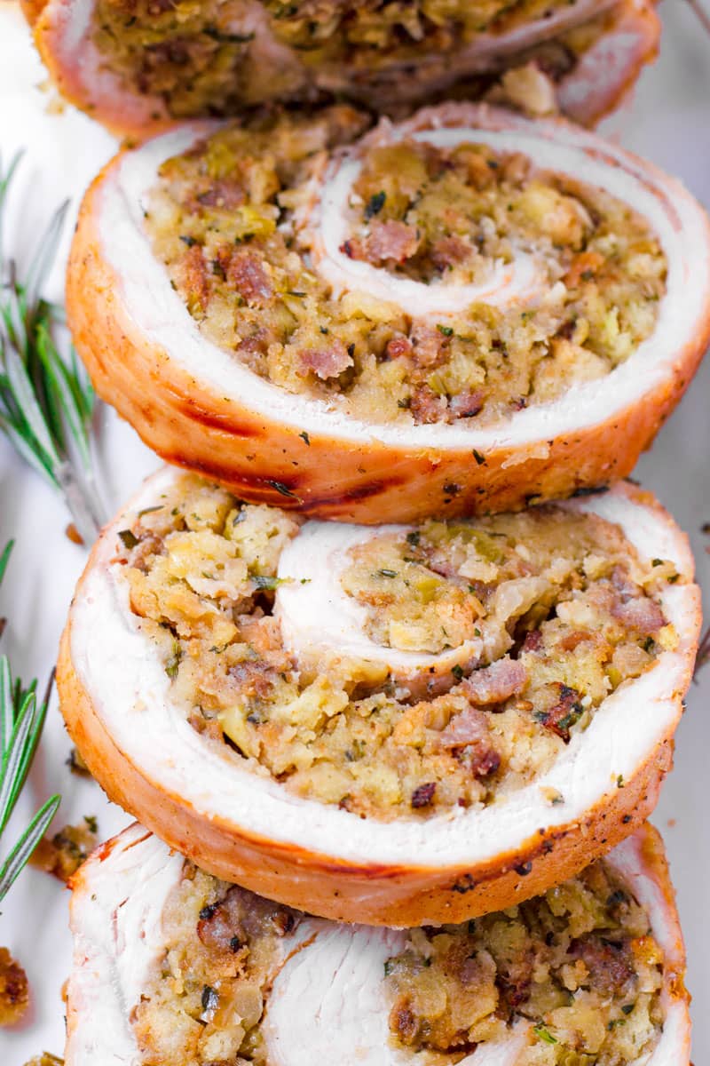 close up of sliced turkey rolls filled with stuffing