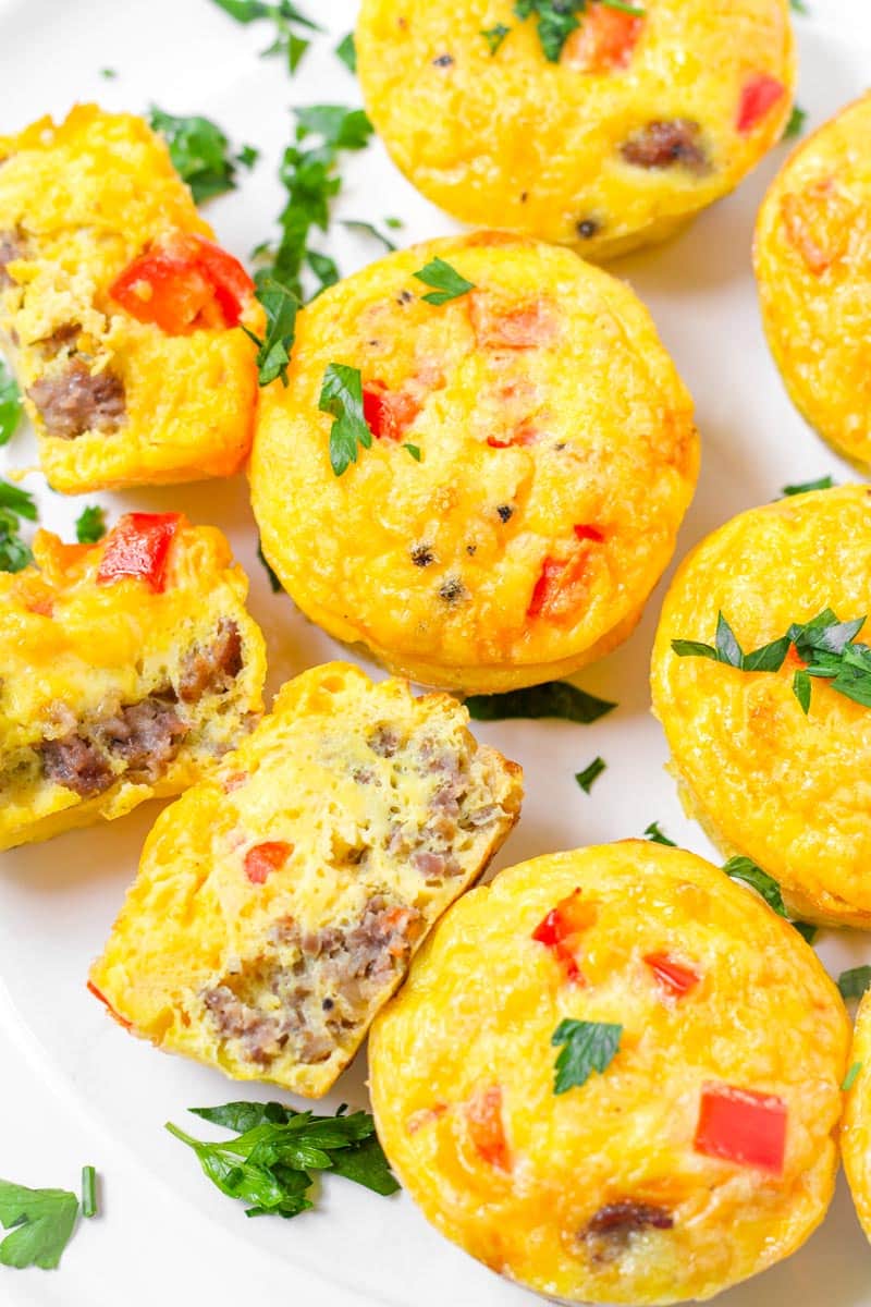 close up of baked egg muffins with sausage