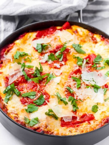 easy skillet lasagna made with meat sauce, ricotta, cheese, and no boil lasagna noodles