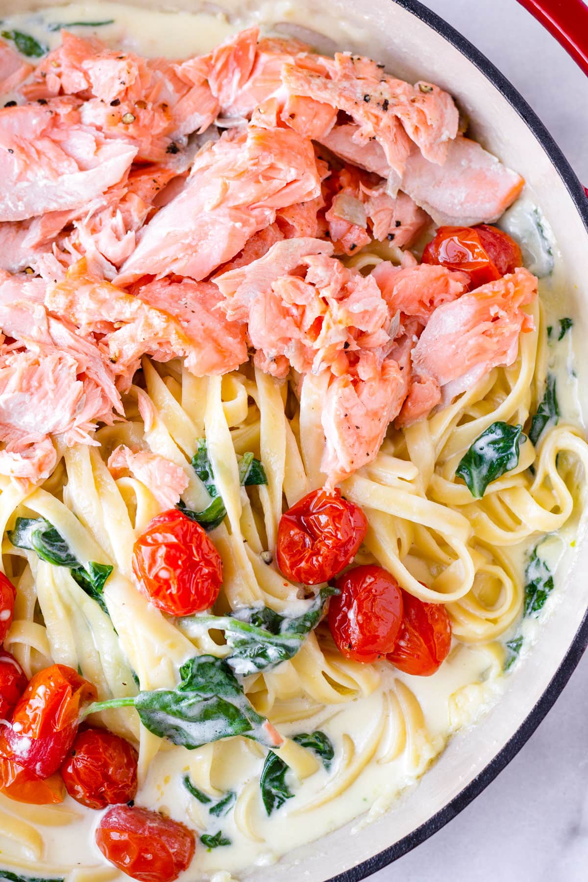 top view of fettuccine al dente, blistered tomatoes, spinach, and flaked salmon