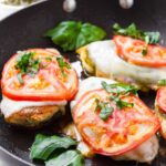 one pan chicken margherita with cheese, tomato, and basil