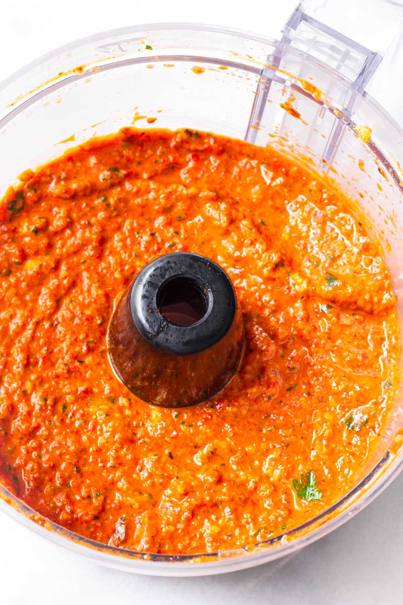 freshly prepared romesco in a food processor