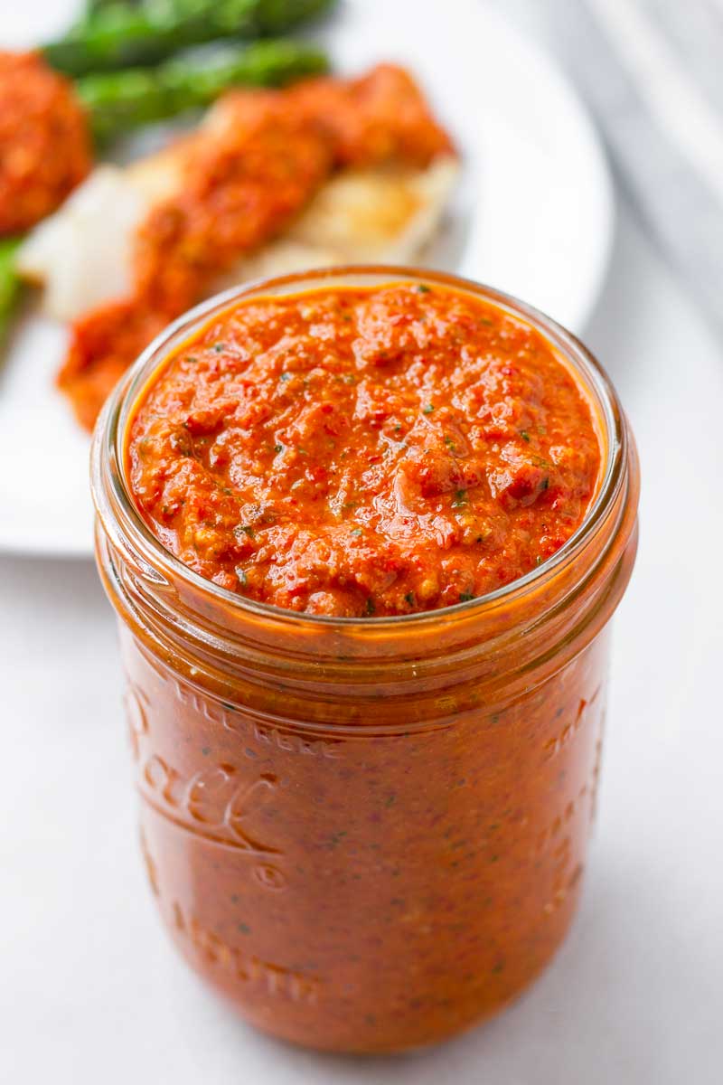romesco sauce in a mason jar