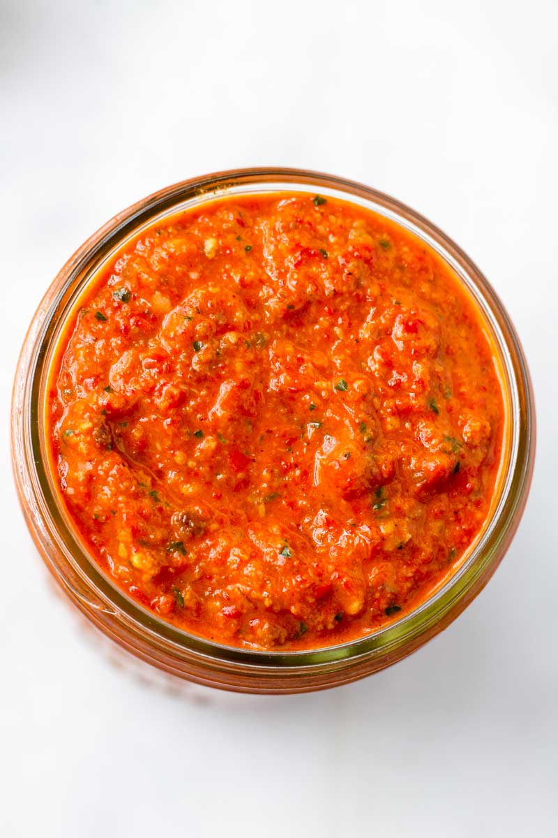 top view of prepared roasted red pepper sauce