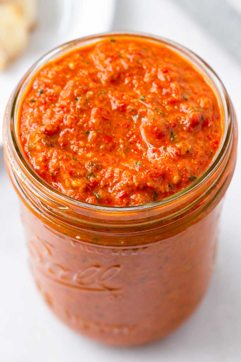 close up view of roasted red bell pepper sauce