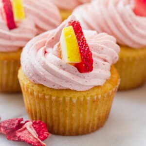 lemon cupcake with strawberry frosting