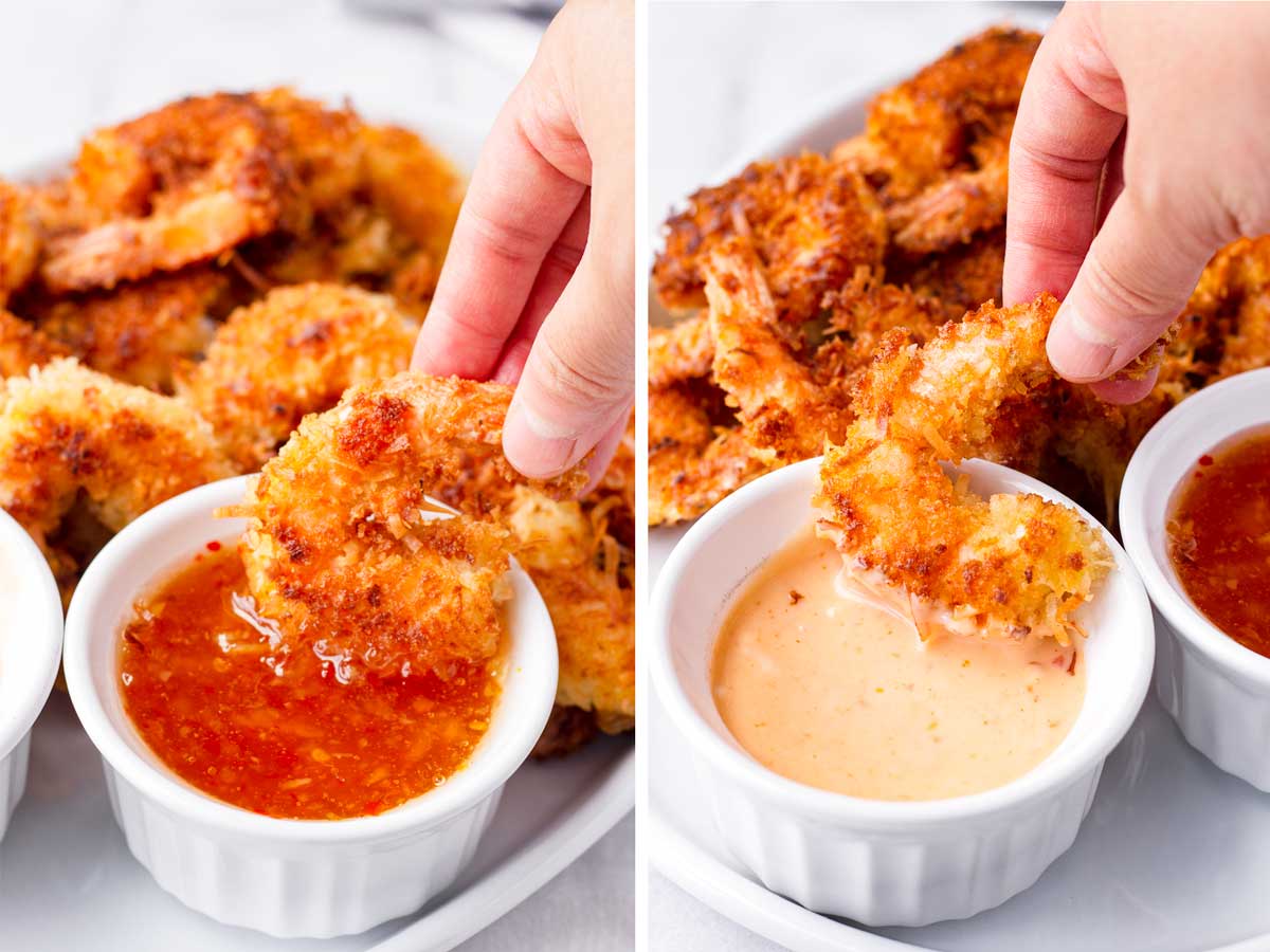 two photos side by side with a hand dipping shrimp