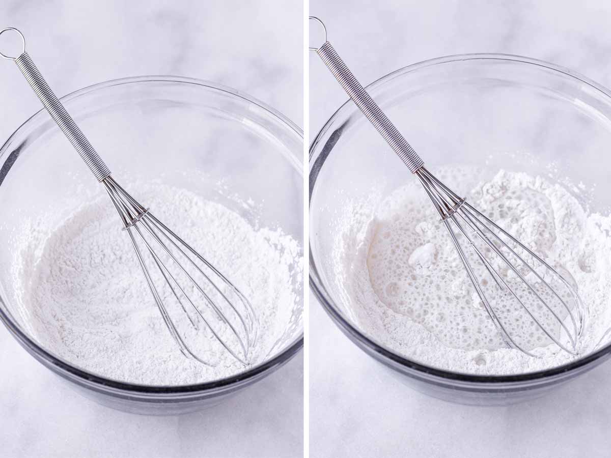 mixing flour mixture along with seltzer water in a bowl with whisk