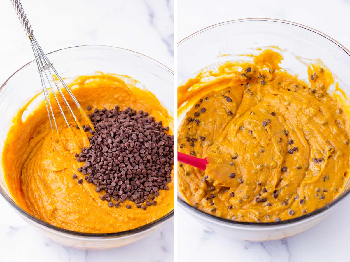 pumpkin batter with chocolate chips being mixed in