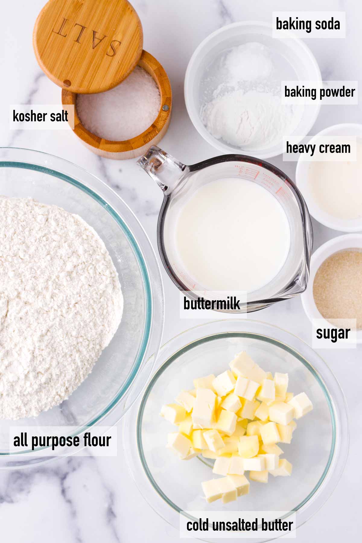 labeled ingredients to make buttermik biscuits