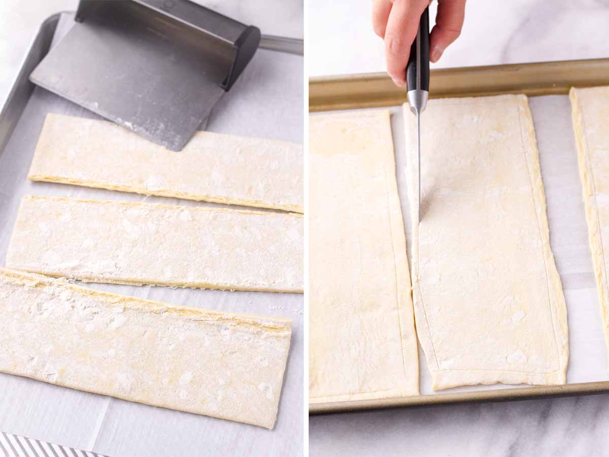 cutting puff pastry sheets into three rectangles