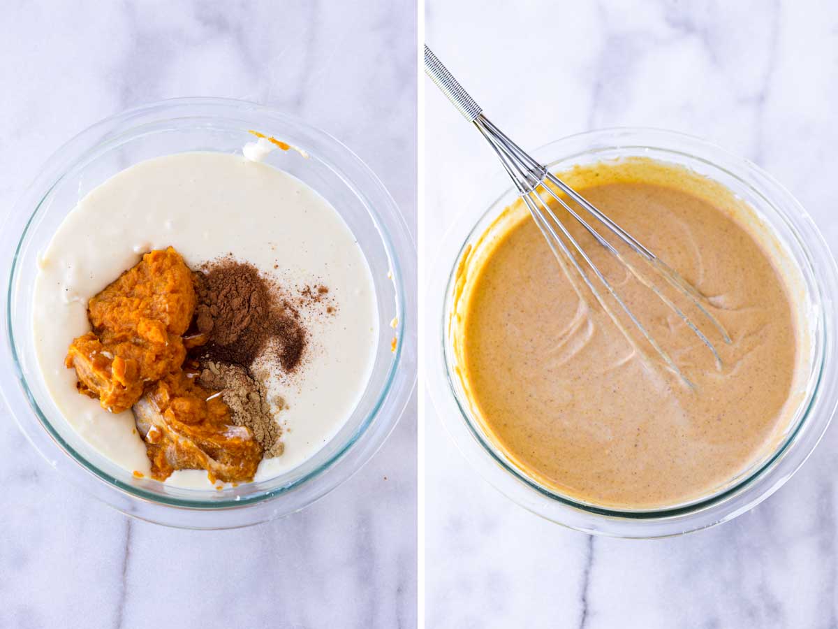 bowls with ingredients to make the pumpkin spice batter