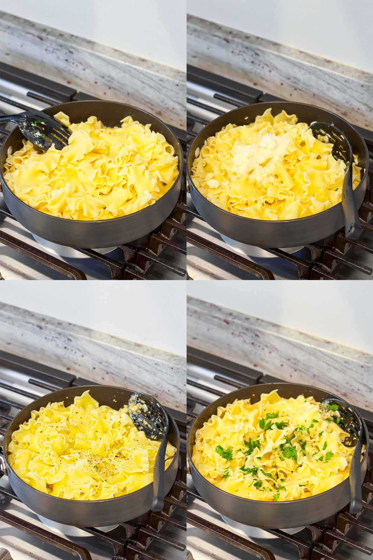 adding cheese, seasoning, and parsley to noodles in the skillet