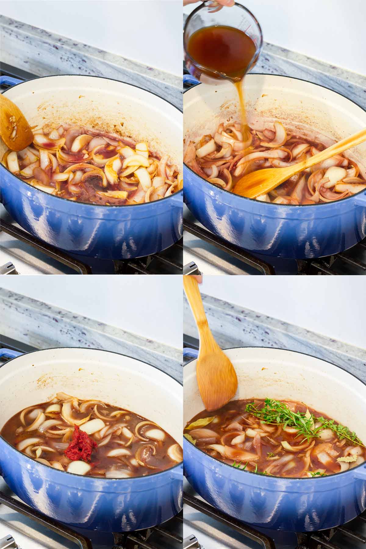 adding liquid to deglaze the dutch oven plus adding tomato paste and herbs