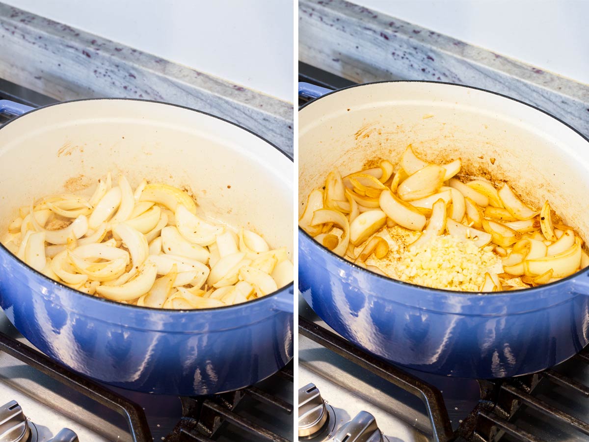 golden brown onions and garlic in a blue oval dutch oven