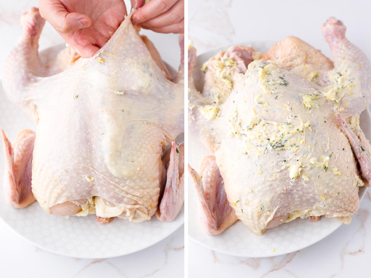 buttering an entire chicken under the skin and on top