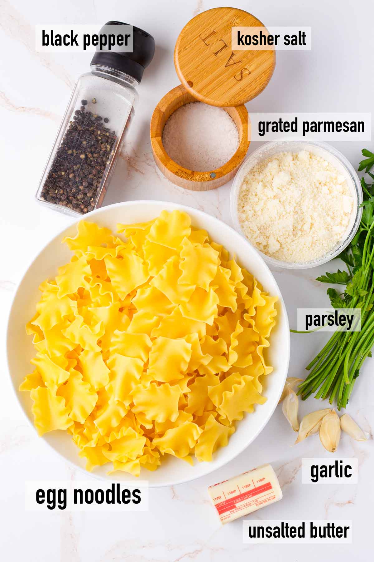 labeled ingredients to make garlic buttered egg noodles