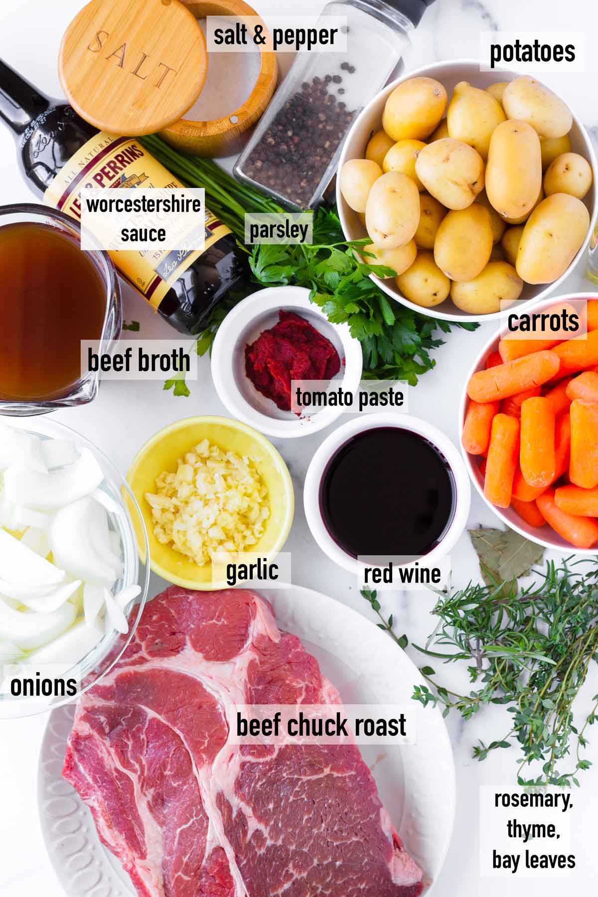 labeled ingredients to make a classic pot roast