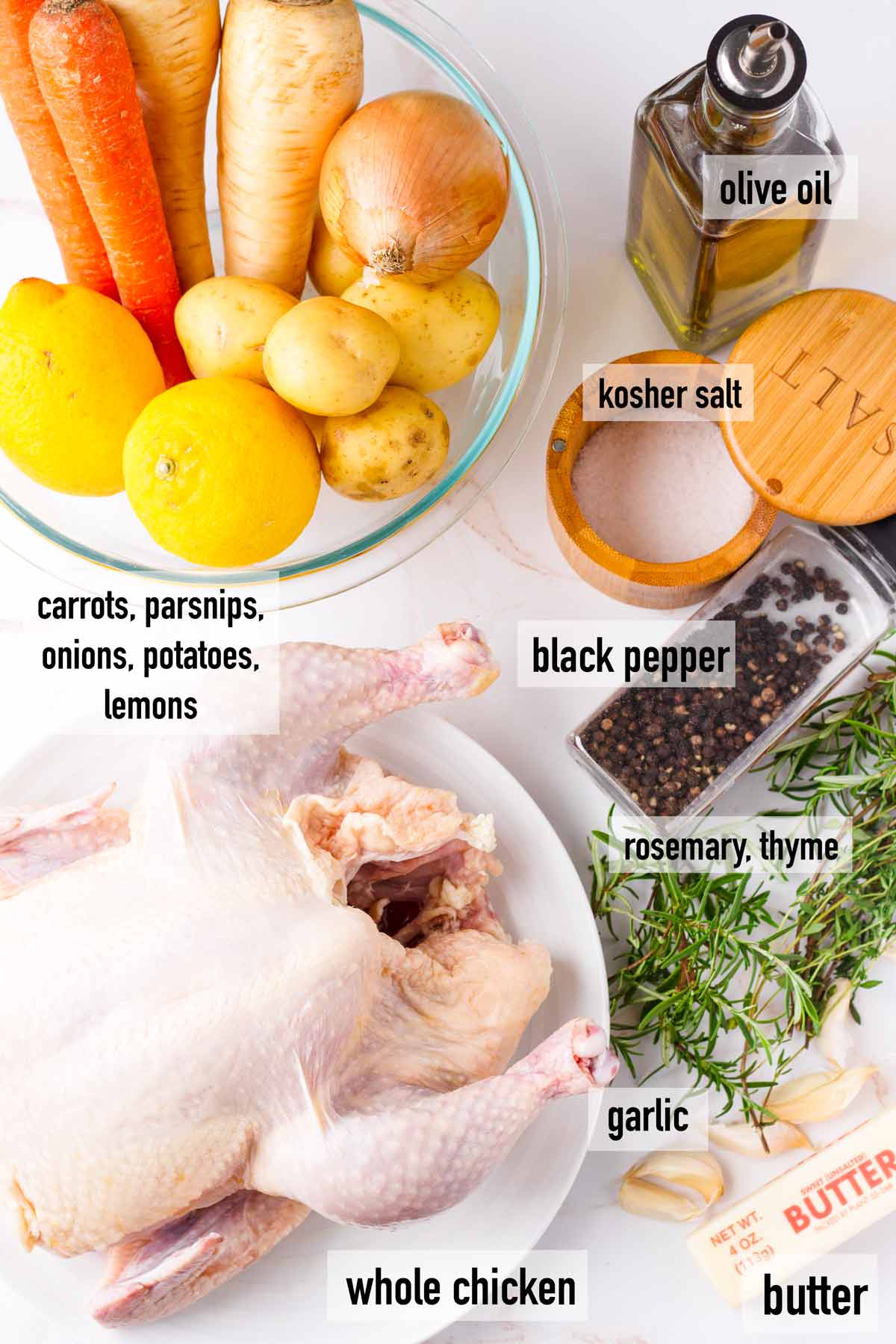 labeled ingredients to make dutch oven whole roast chicken