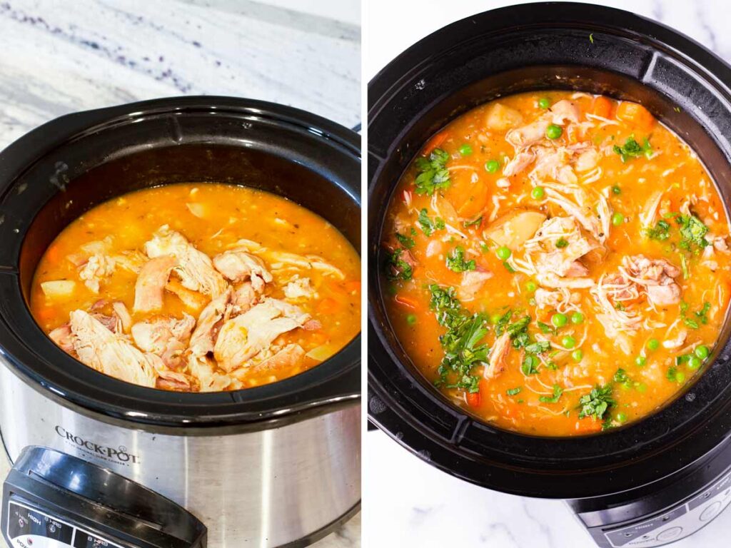 shredded chicken in the crockpot with parsley and peas