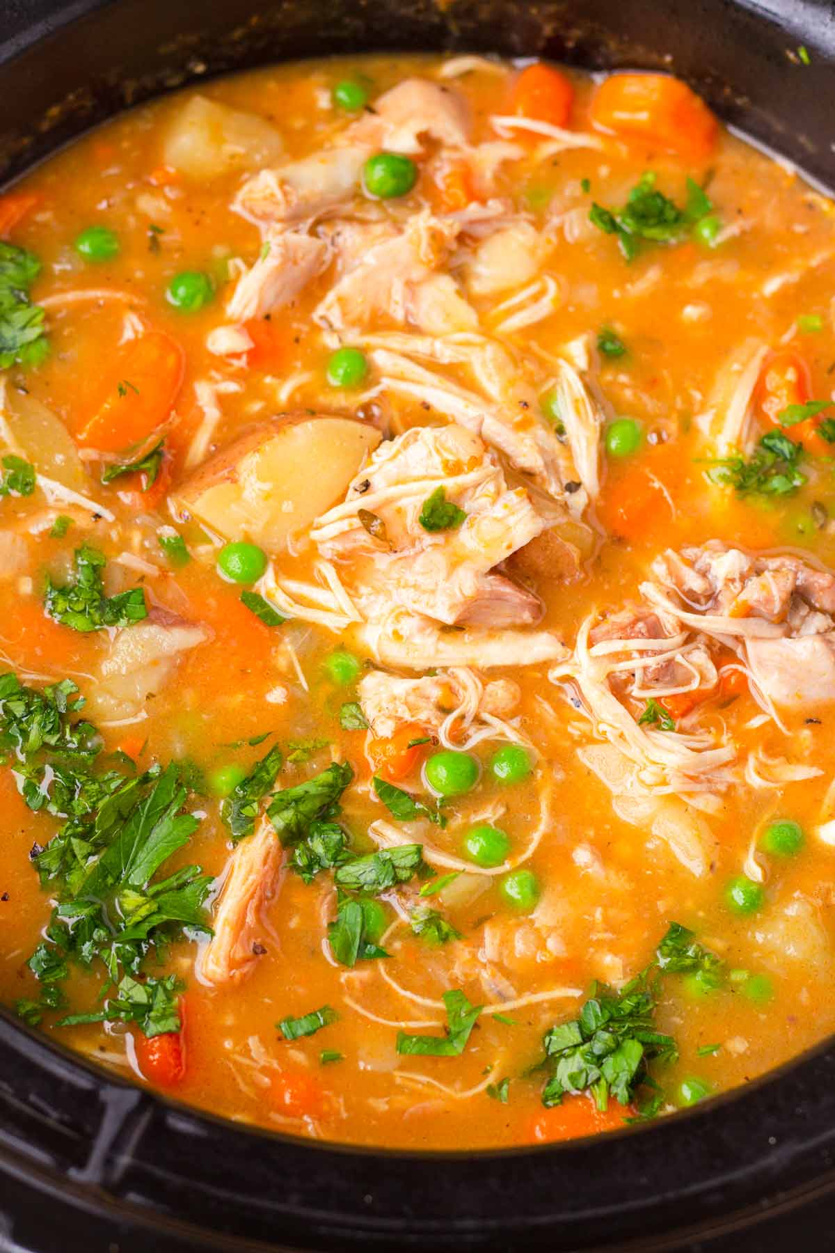 close up of chicken stew in the slow cooker