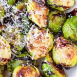 golden brown roasted brussels sprouts with balsamic drizzle