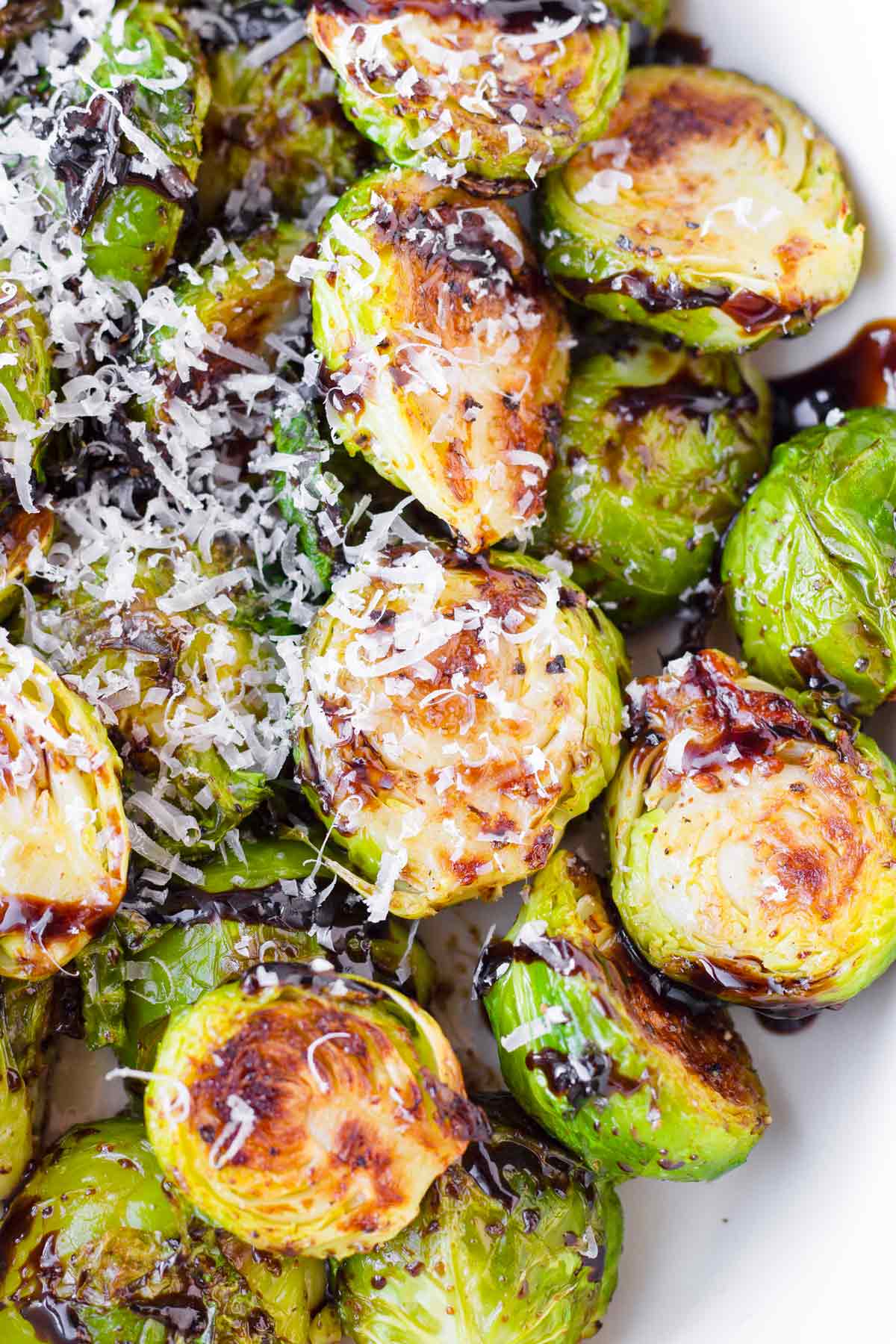 golden brown roasted brussels sprouts with balsamic drizzle