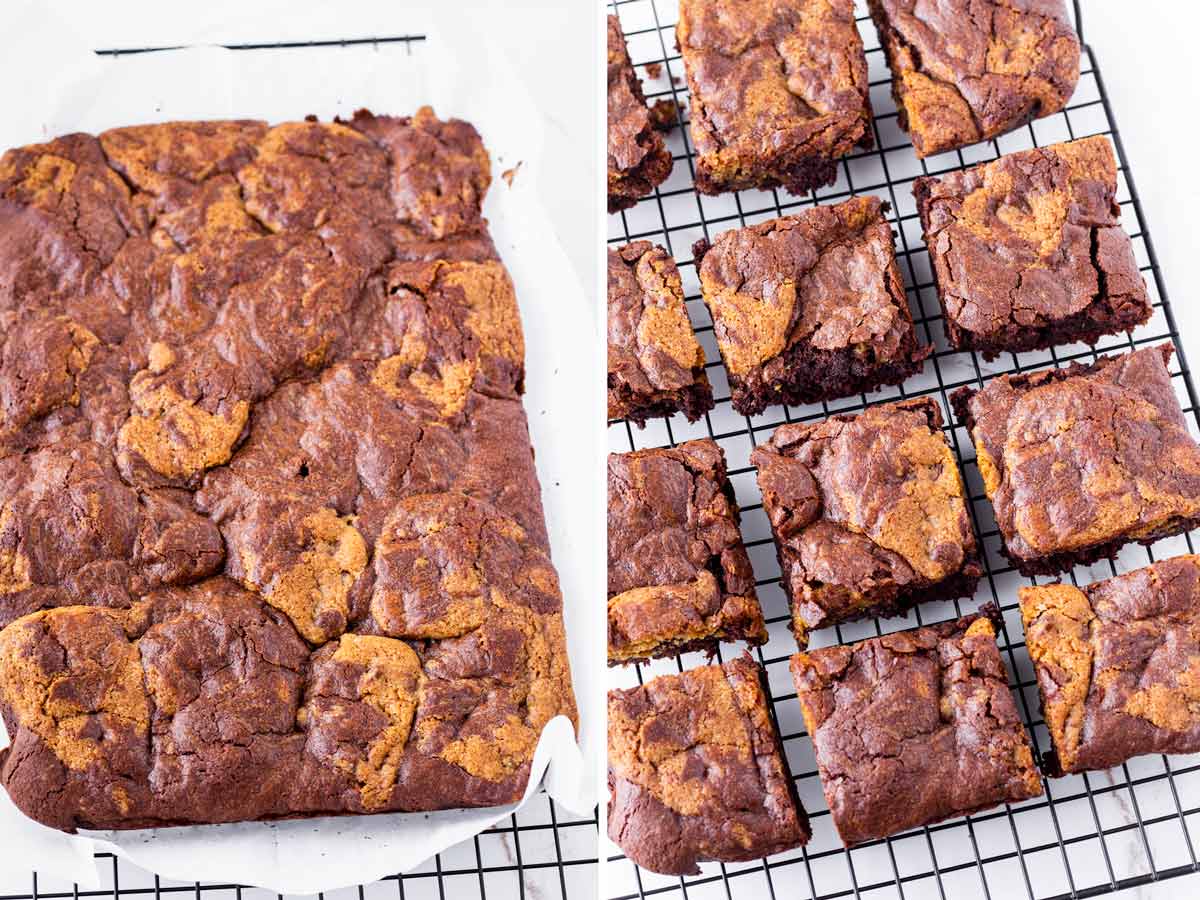 a slab of baked half brownie half cookie bars and cut into squares