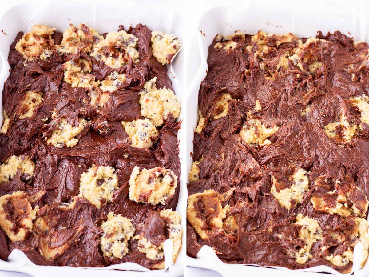 alternating brownie batter and cookie dough in a baking pan
