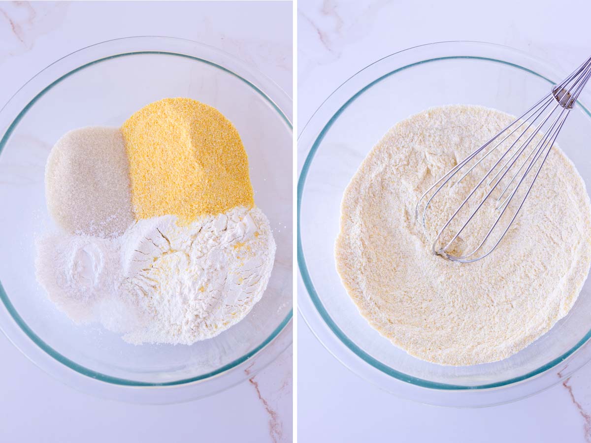 whisking dry ingredients in a glass bowl