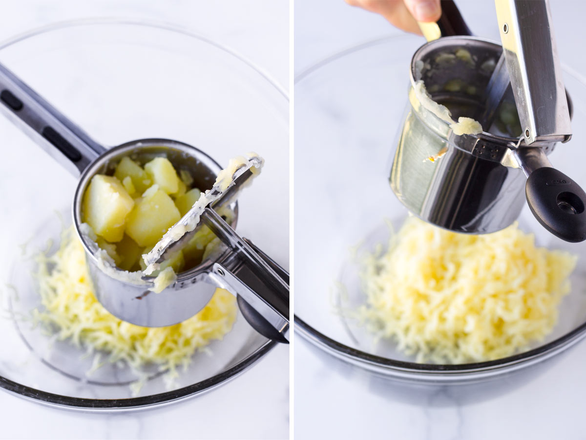 using a potato ricer to press potatoes