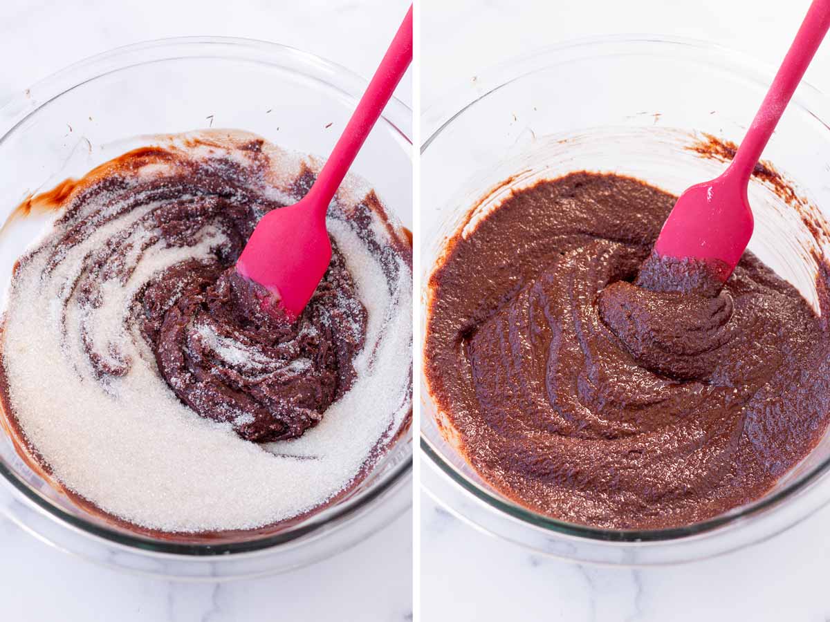 mixing sugar with melted chocolate