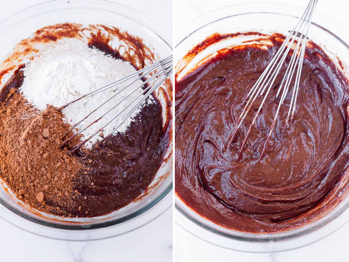 mixing flour and cocoa powder into brownie batter