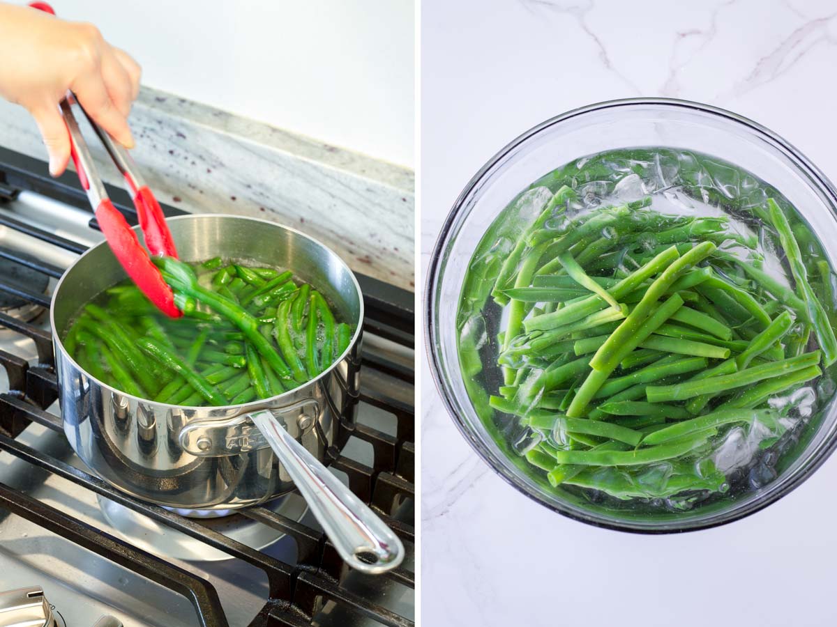 cooked green beans transferred to an ice bath