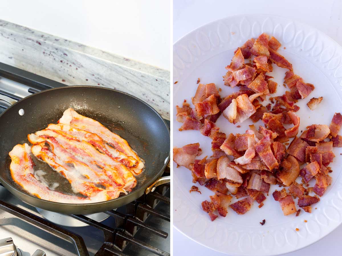 cooking bacon on skillet and chopped bacon on plate