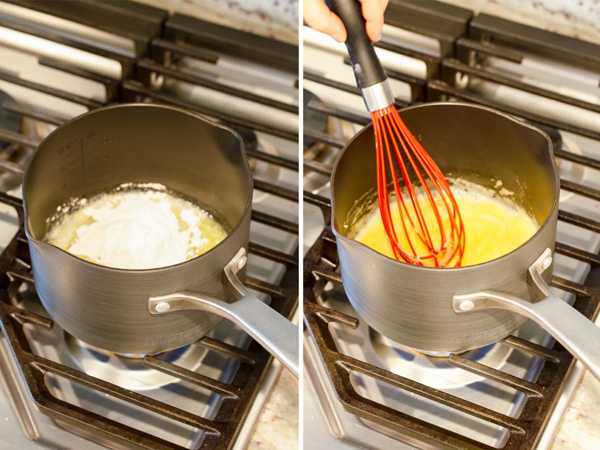 whisking melted butter with flour to form a roux