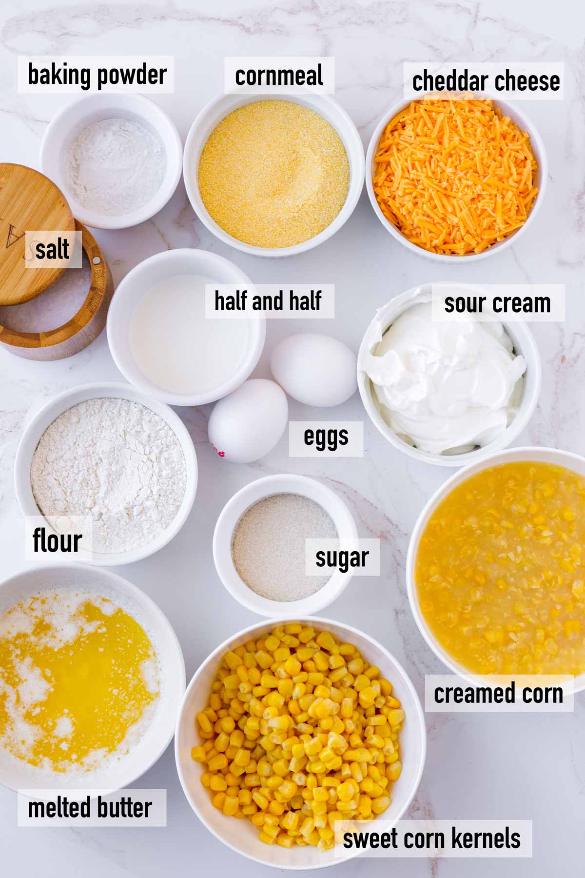 labeled ingredients to make corn casserole