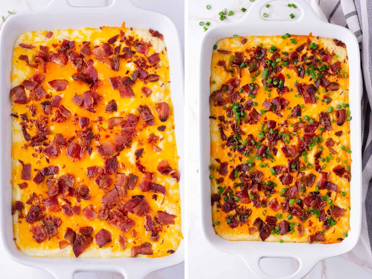 adding bacon to casserole and topping with sliced scallions