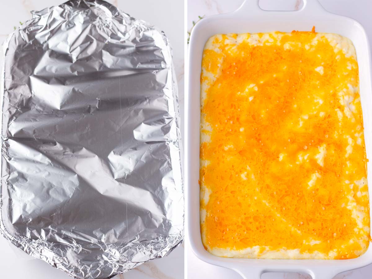 baking tray covered with foil and then showing melted cheese after baking