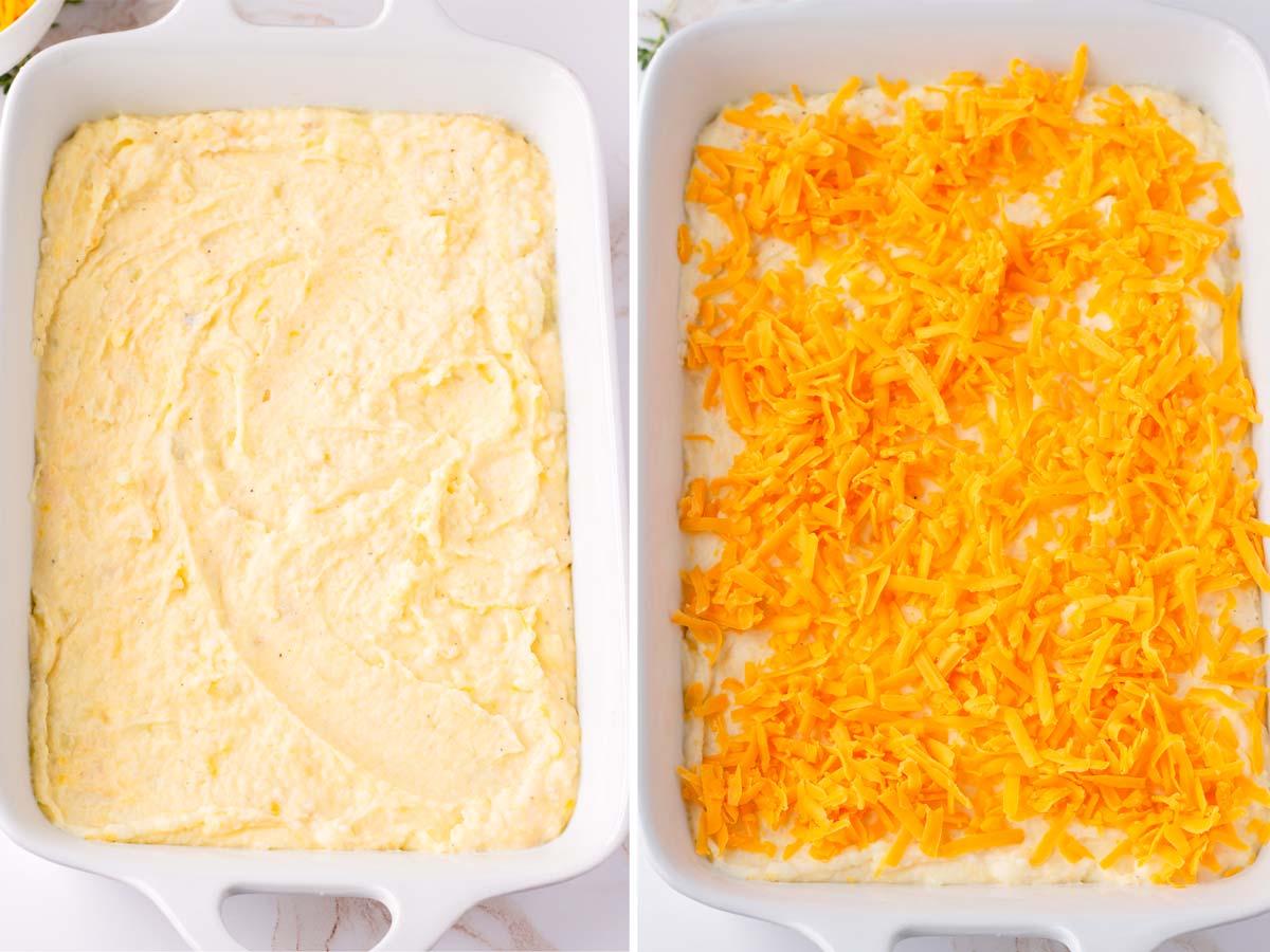 potato mixture spread on 9x13 baking pan and topped with cheese