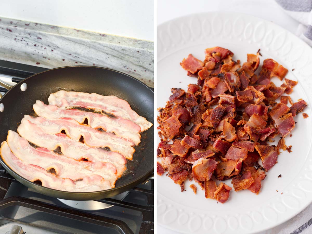 cooking bacon on a skillet and chopped up bacon on a plate