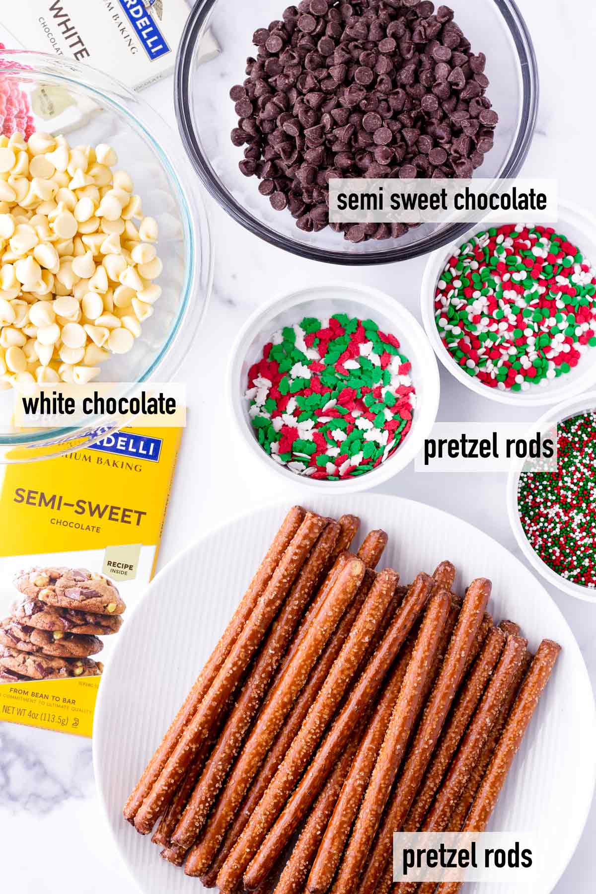 labeled ingredients to make christmas pretzel rods