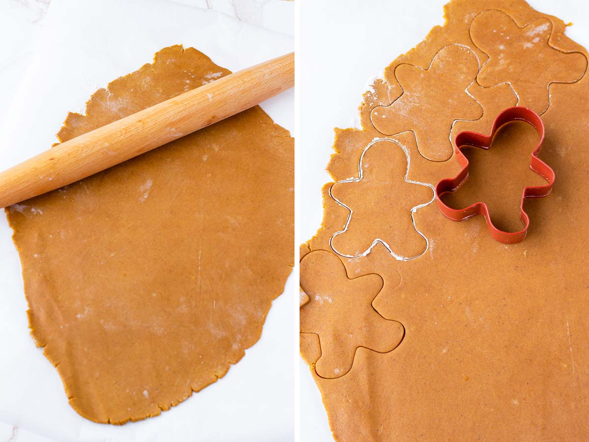 rolling out dough and cutting out gingerbread men shapes