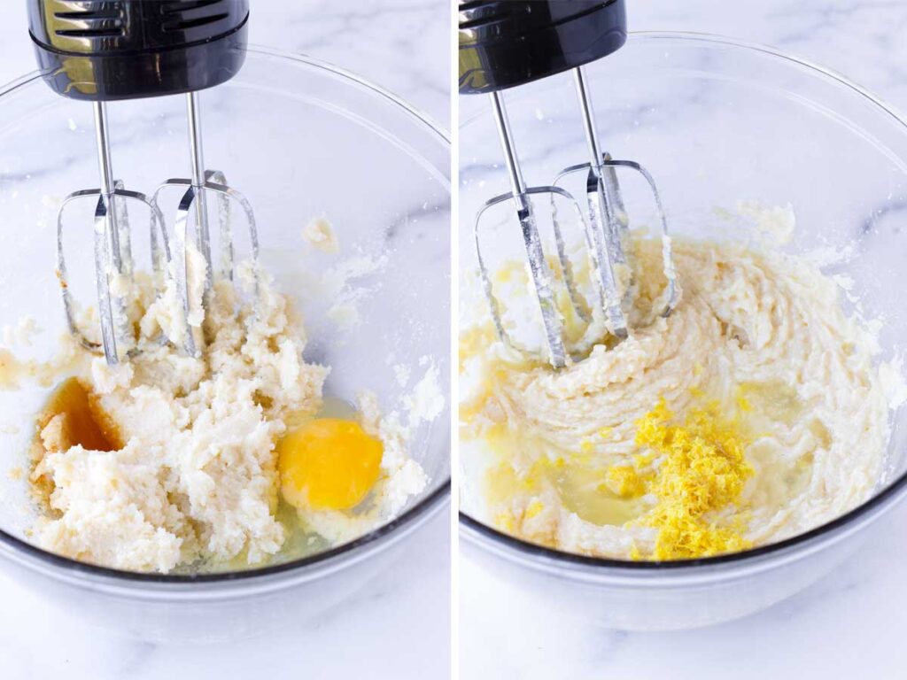 mixing egg, vanilla, and lemon into batter