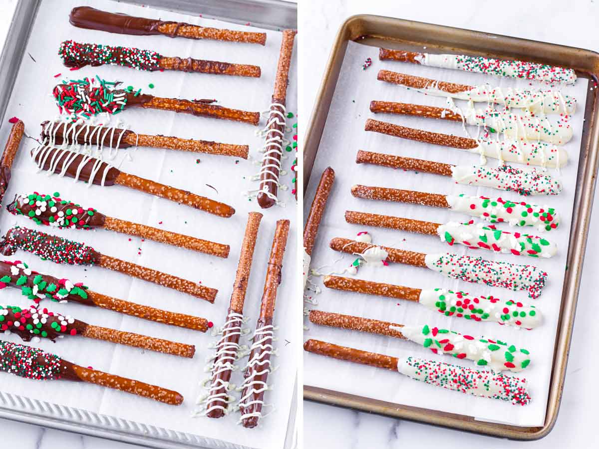 decorated pretzel rods on sheet pans to dry out