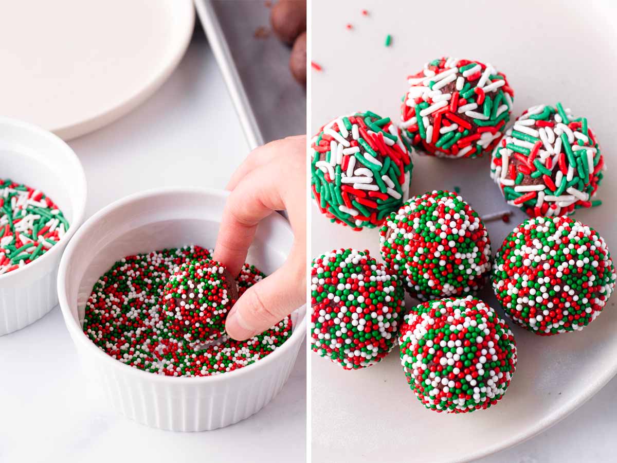 covering chocolate balls with Christmas color sprinkles
