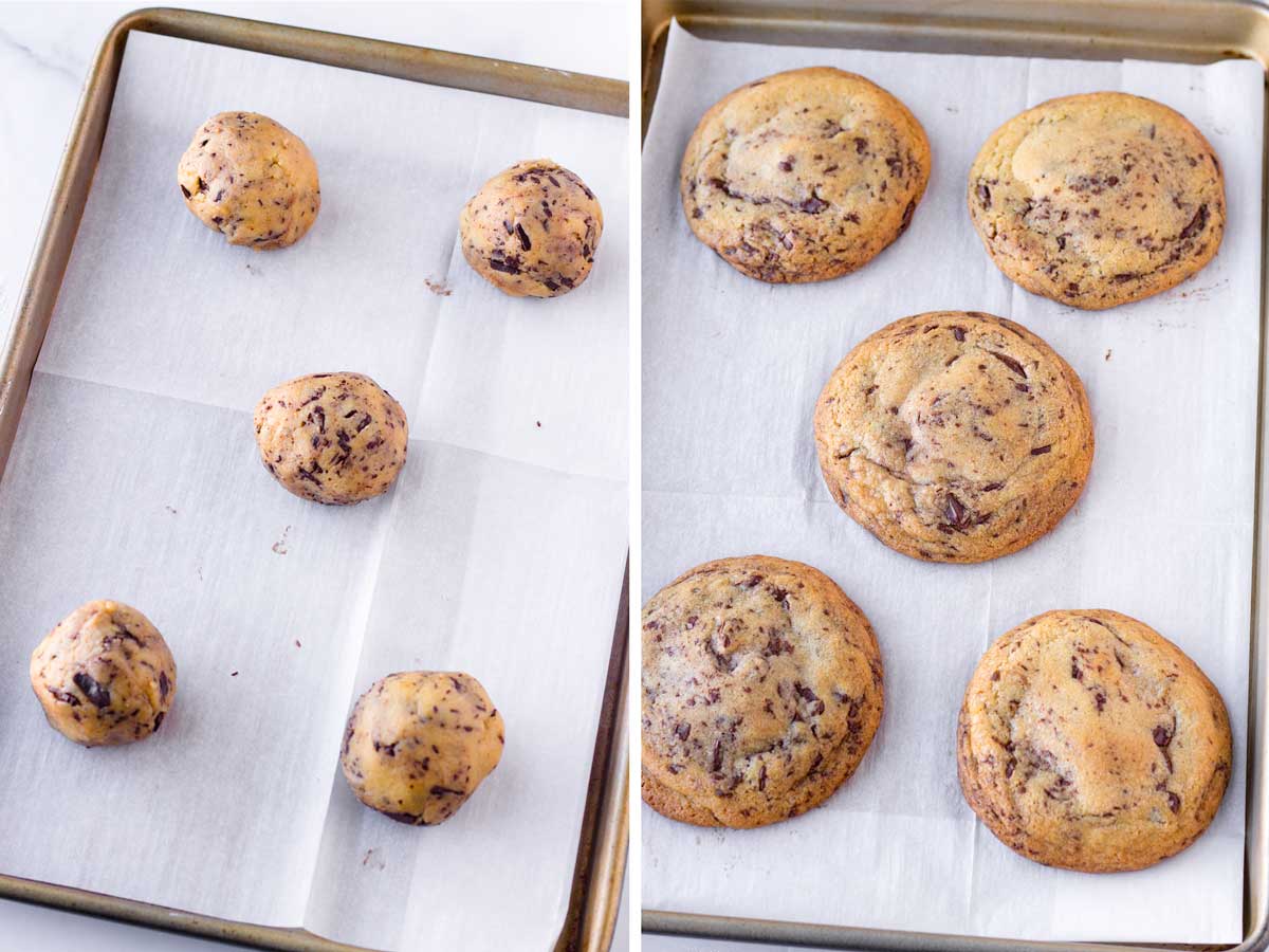 cookie dough rolled into balls on sheet pan and freshly baked cookies