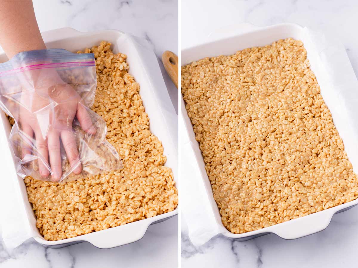 packing in rice krispie mixture in a 9x13 inch pan