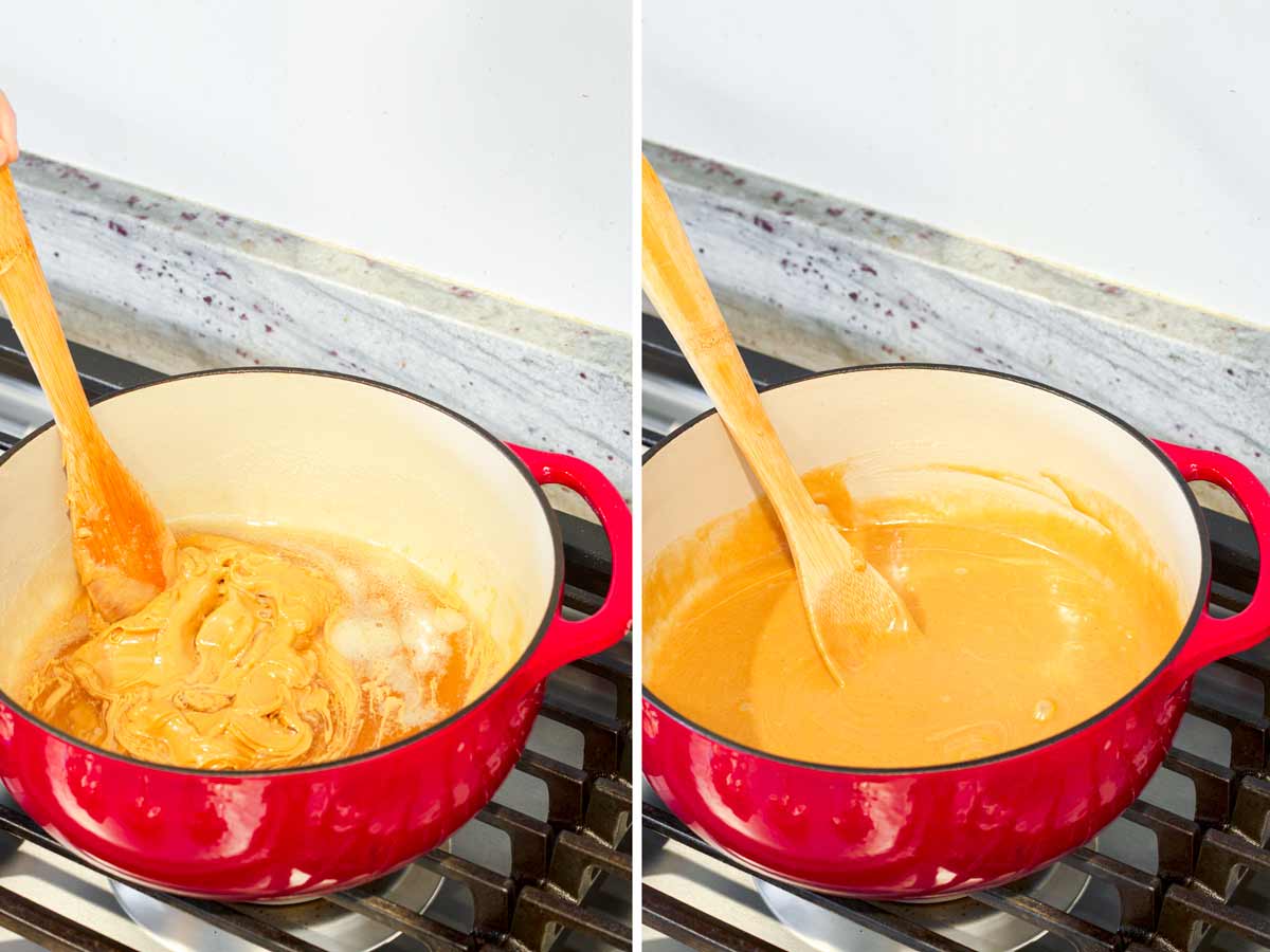 mixing in peanut butter into sugar and corn syrup mix